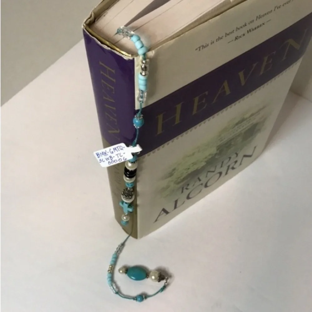 ECCENTRIC HANDCRAFTED Turquoise Blue Gemstone Beaded Bookmark w/Turquoise Cross